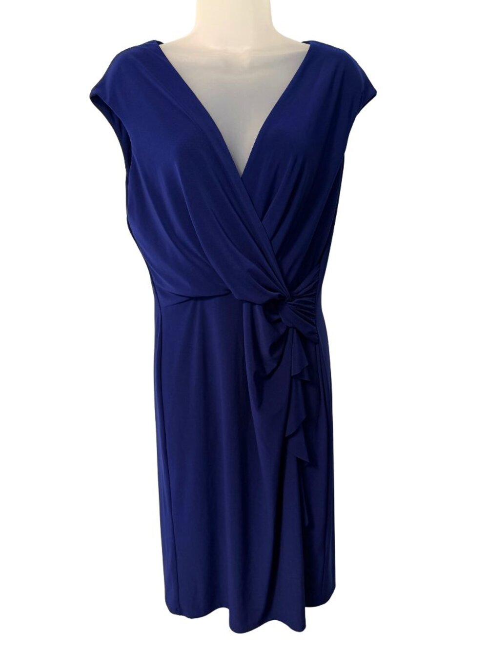 Chaps Ruched Faux Wrap Dress, V-Neck midi fitted sheath, Blue, Size Large
